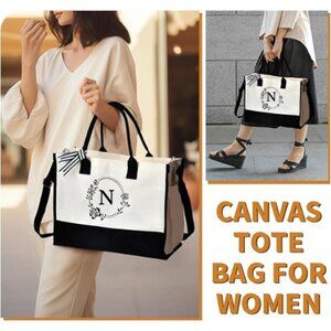 Large Canvas Tote Bag with Embroidery Letter N and FREE jewelry travel organizer